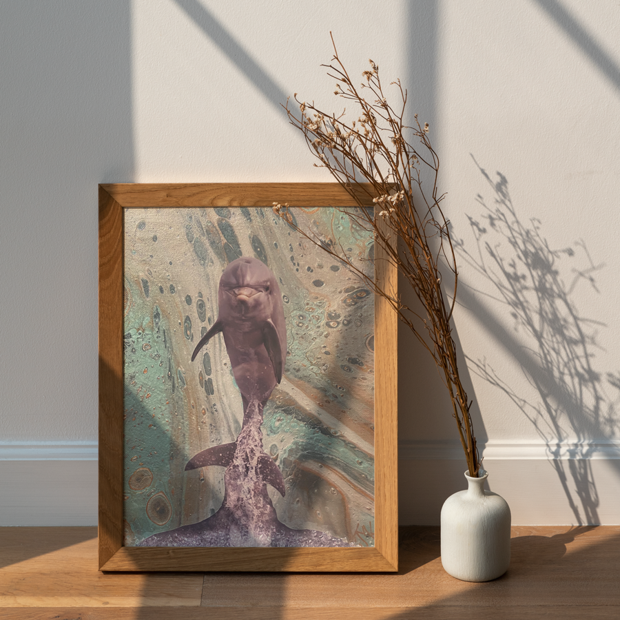dolphin art in wooden frame